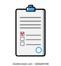 Document with abstract text signed and stamped, a medical form with a questionnaire and a medical history with a clip, icon on a white background. Vector illustration