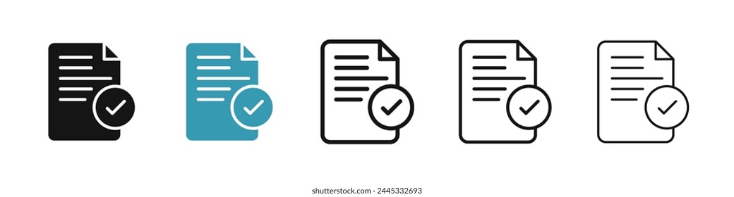 Conjunto de iconos de línea de aceptación de documento. Papel de contrato marcado con Vector de marca. Icono de Papeles aprobados por préstamo. Icono de Factura de pedidos válido para diseños de interfaz de usuario.