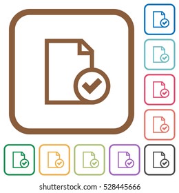 Document accepted simple icons in color rounded square frames on white background