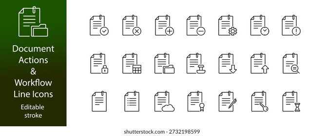 Document actions line icon set. Workflow processes symbols. Editable stroke