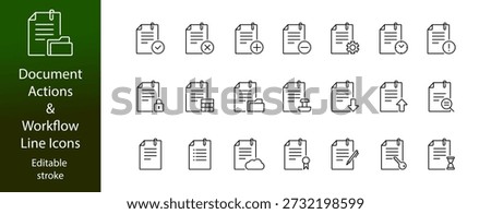 Document actions line icon set. Workflow processes symbols. Editable stroke