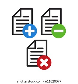 Document ad, subtract and cancel color vector icon isolated on white background