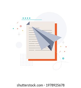 Document and aircraft. Flat style. Color vector objects.