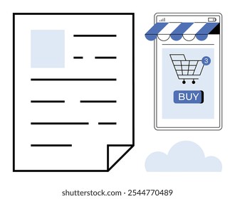 Un documento junto a un teléfono móvil que muestra un escaparate con un ícono de Carrito de compras y compra Botón. Ideal para comercio electrónico, compras en línea, transacciones digitales, App móviles y venta minorista por Internet