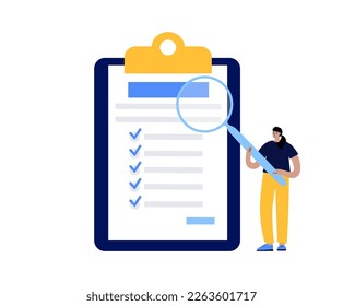 Document analysis or audit. Contract review concept. Magnifying glass, page with text. Symbol of information search. Inspection bylaw, legal verification with cartoon characters. Proofreading process