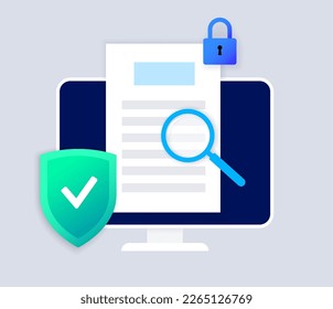 Document analysis or audit online. Contract review application. Magnifying glass, paper with text. Symbol of information search. Inspection bylaw, legal verification. Proofreading process flat vector.