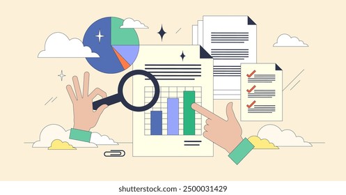 Document analysis or information report research tiny neubrutalism concept. Analyzing files with detailed data investigation and professional examination vector illustration. Business paperwork check