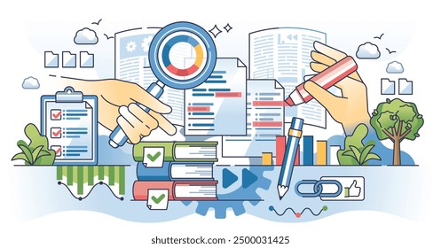 Document analysis and legal document information research outline concept. Analyzing agreement or business deal with inspection and result report vector illustration. Detailed text investigation.