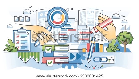 Document analysis and legal document information research outline concept. Analyzing agreement or business deal with inspection and result report vector illustration. Detailed text investigation.