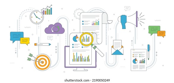 Document analysis with magnifying glass on computer monitor, speech bubble discussion. Business, marketing, communication and finance vector icon set, internet banner template.