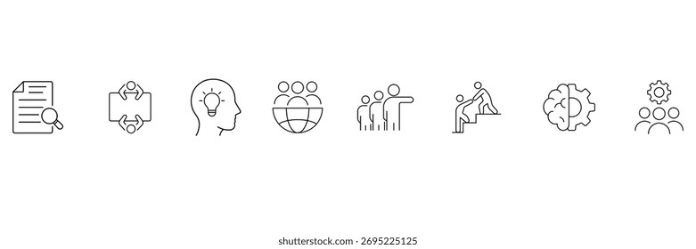 Análise de documentos, reunião, ideia, equipe global, liderança, suporte, inovação, treinamento, orientação, ícone de gerenciamento definir ilustração vetorial
