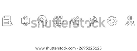 Document analysis, meeting, idea, global team, leadership, support, innovation, training, guidance, management icon set vector illustration