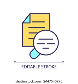 Document analysis RGB color icon. Magnifying glass and paper. Detailed study. Article review. Information search. Isolated vector illustration. Simple filled line drawing. Editable stroke