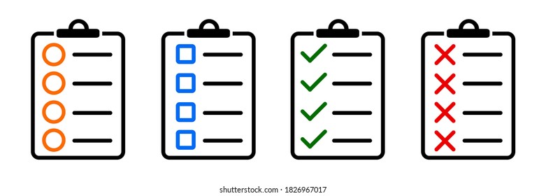 Document with approval check mark icon, quality sign. Task done sign, tick symbol. Set clipboard icons isolated. Checklist with checkmark, cross 