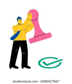 Concepto de Aprobación de documentos. Hombre de negocios con sello grande. Ilustración vectorial plana aislada sobre fondo blanco

