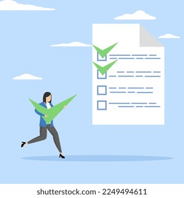 document approval concept, Checklist for completed task, project checkbox or achievement list, businesswoman carrying big tick to complete task for project tracking.