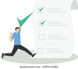 document approval concept, Checklist for completed task, project checkbox or achievement list, businesswoman carrying big tick to complete task for project tracking.

