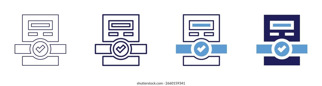 Ícone de aprovação de documento em 4 estilos diferentes. Linha Fina, Linha, Linha Negrito, Duotônico. Estilo duotônico. Traçado editável.