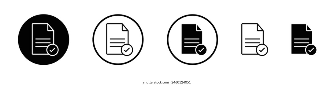 Document Approval Icon Set. Summary completion symbol. Verified paper with check mark. Approval form vector symbol.