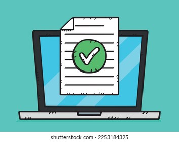 Document with an approval mark on the laptop screen. Acceptance document for school, medical document, work, icon. Sketch graphic. Doodle vector.
