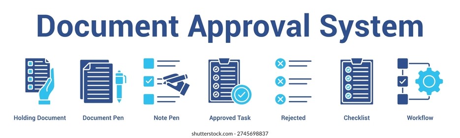 Document Approval System web banner icon set vector illustration concept for business with icon of Holding Document, Document Pen, Note Pen, Approved Ta.