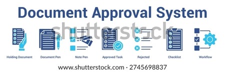 Document Approval System web banner icon set vector illustration concept for business with icon of Holding Document, Document Pen, Note Pen, Approved Ta.