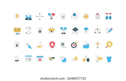 Document approval, validation of file, agreement and business project color icon set. Checkmark and handshake approve idea and legal contract, folders system and report flat vector illustration