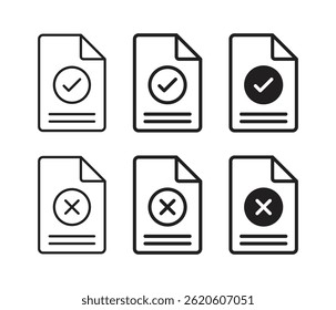 Document approve and decline with check mark and cross, designed for approval or rejection status in document management systems