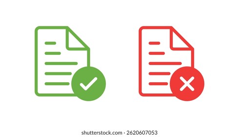 Document approve and decline with check mark and cross, designed for approval or rejection status in document management systems