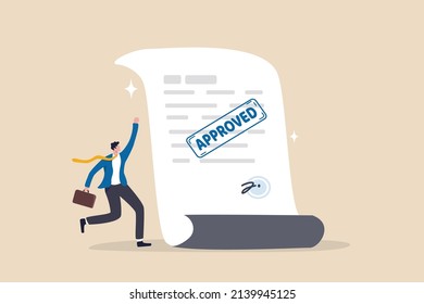 Document Approved, Business Paperwork Approval With Rubber Stamp And Signature Sign, Request Accept Or Legal Certified Document Concept, Happy Businessman With Document Paperwork With Approved Stamp.