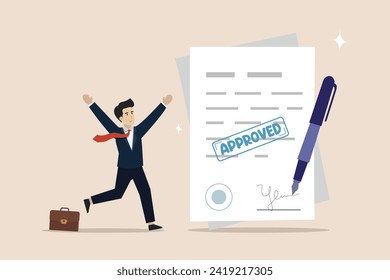 Documento aprobado, aprobación de documentación comercial con sello de goma y firma, concepto de documento certificado legal, empresario feliz con papeleo de documento con sello aprobado.