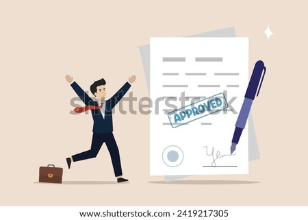 Document approved, business paperwork approval with rubber stamp and signature sign, legal certified document concept, happy businessman with document paperwork with approved stamp.