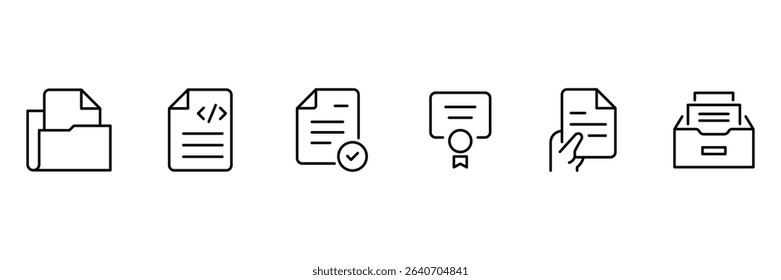 Document archive folder file certificate approval verification form paperwork organization office icon vector illustration set.