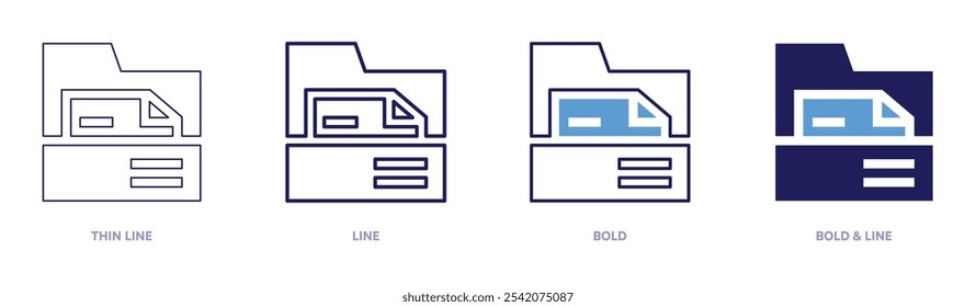 Icono de archivo de documentos en 4 estilos diferentes. Línea delgada, línea, negrita y línea negrita. Estilo duotono. Trazo editable.
