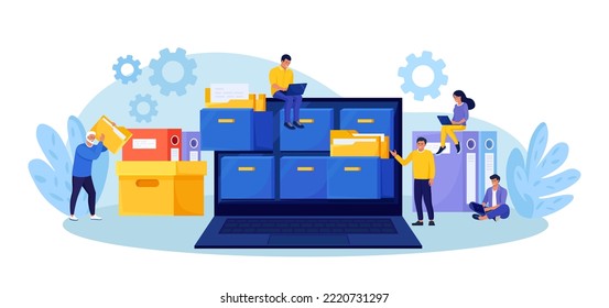 Document archiving and storage. Business people search files in archives. Support service, database. Men working with information, documents and statistics in analytical department. Folder in archive