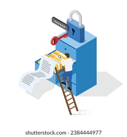 Document archiving and storage. Business people search files in archives with locks and key. Isometric Security Concept. 