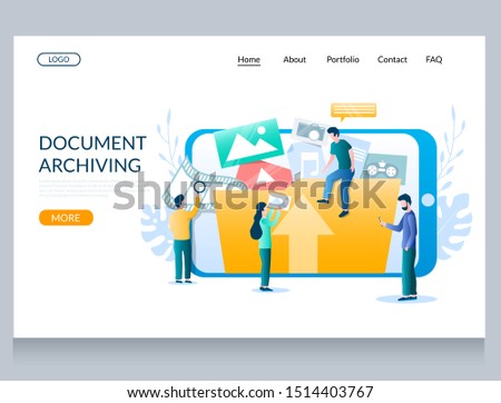 Document archiving vector website template, web page and landing page design for website and mobile site development. Smartphone music, videos, pictures archives concept with characters.