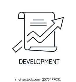 Document with an arrow graph pointing up. Project, development plan. Vector linear icon isolated on white background.