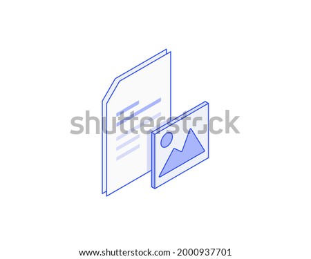 Document, attach image, doc, file with picture jpg, png, add pic isometric illustrate 3d vector icon. Modern creative design illustration in flat line style.