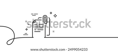 Document attachment line icon. Continuous one line with curl. File with paper clip sign. Office note symbol. Document attachment single outline ribbon. Loop curve pattern. Vector