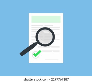 Examen de la auditoría de los documentos, evaluación de la inspección o evaluación, verificación de la declaración del contrato mediante el diseño del logotipo del amplificador. Informe de evaluación, diseño e ilustración de vectores.