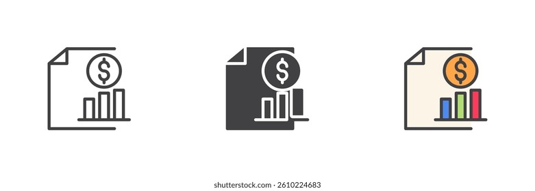 Document with a bar chart and a coin different style icon set. Line, glyph and filled outline colorful version, outline and filled vector sign. Financial Report, Statement symbol, logo illustration