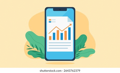 Document with bar chart on mobile phone screen. Profit and loss analysis on document. Vector graphics in flat style. Processing of financial and economic data of the company.