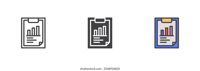 Document with bar graph icon. Analytics line and glyph version, outline and filled vector sign. linear and full pictogram. Symbol, logo illustration. Different style icons set