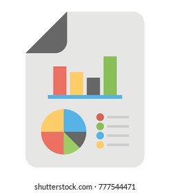 A document with bar and pie graph showing marketing report, flat icon