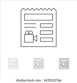 Document, Basic, Video, Camera Bold and thin black line icon set. Vector Icon Template background