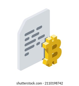 Document bitcoin label. Vector 3d line isometric, color web icons, new flat style. Creative design idea for infographics.