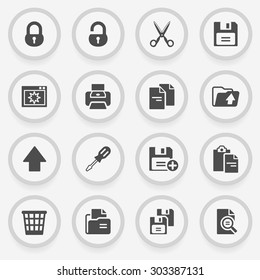 Document black icons on stickers. Flat design.