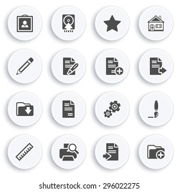 Document black icons on white buttons. Flat design.