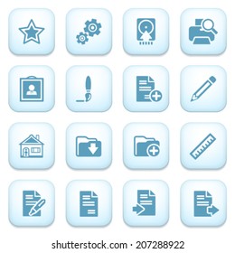 Document blue icons on white buttons.